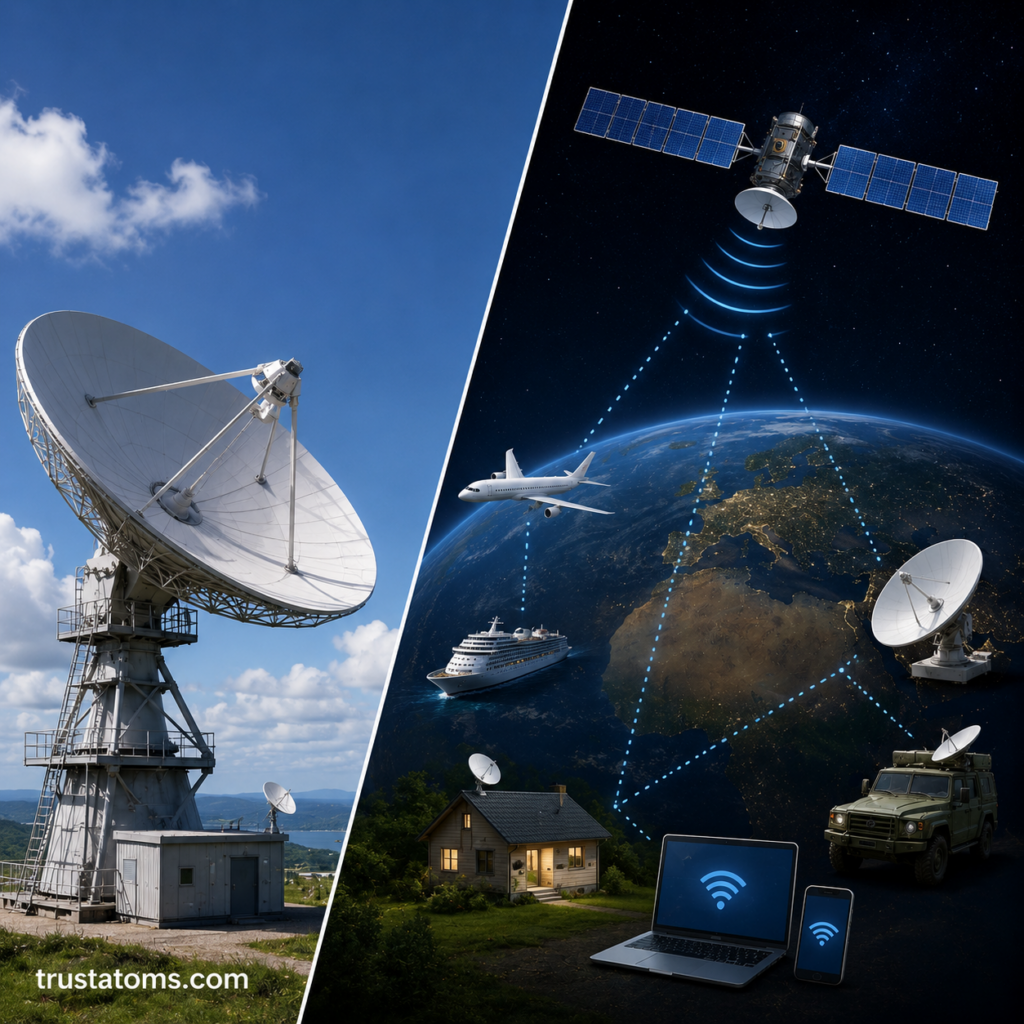 Split illustration showing satellite communication networks with ground station dish, orbiting satellite, airplane, ship, remote home internet, and connected devices.