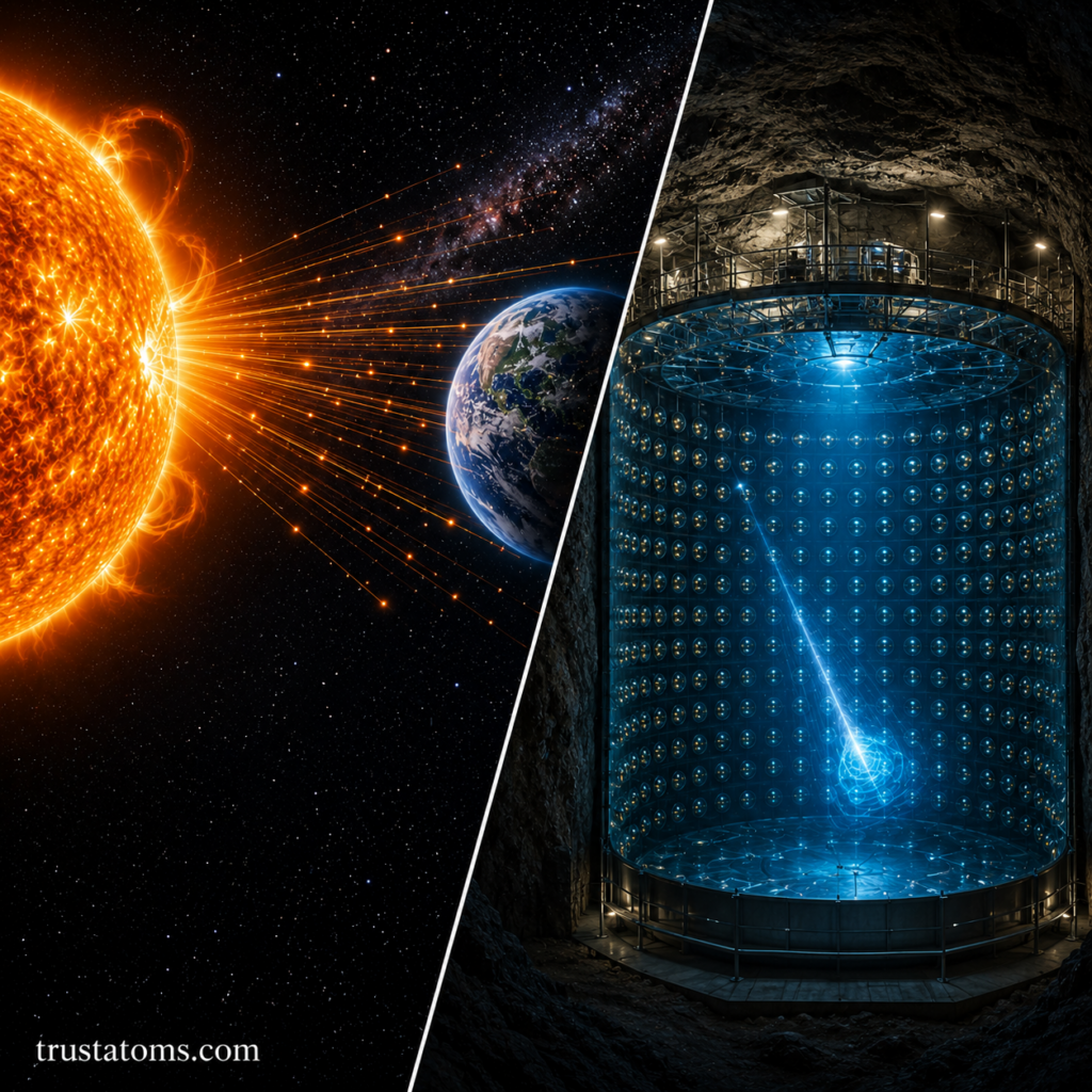 Split-scene illustration showing solar neutrinos traveling from the Sun toward Earth and an underground neutrino detector capturing particle interactions.