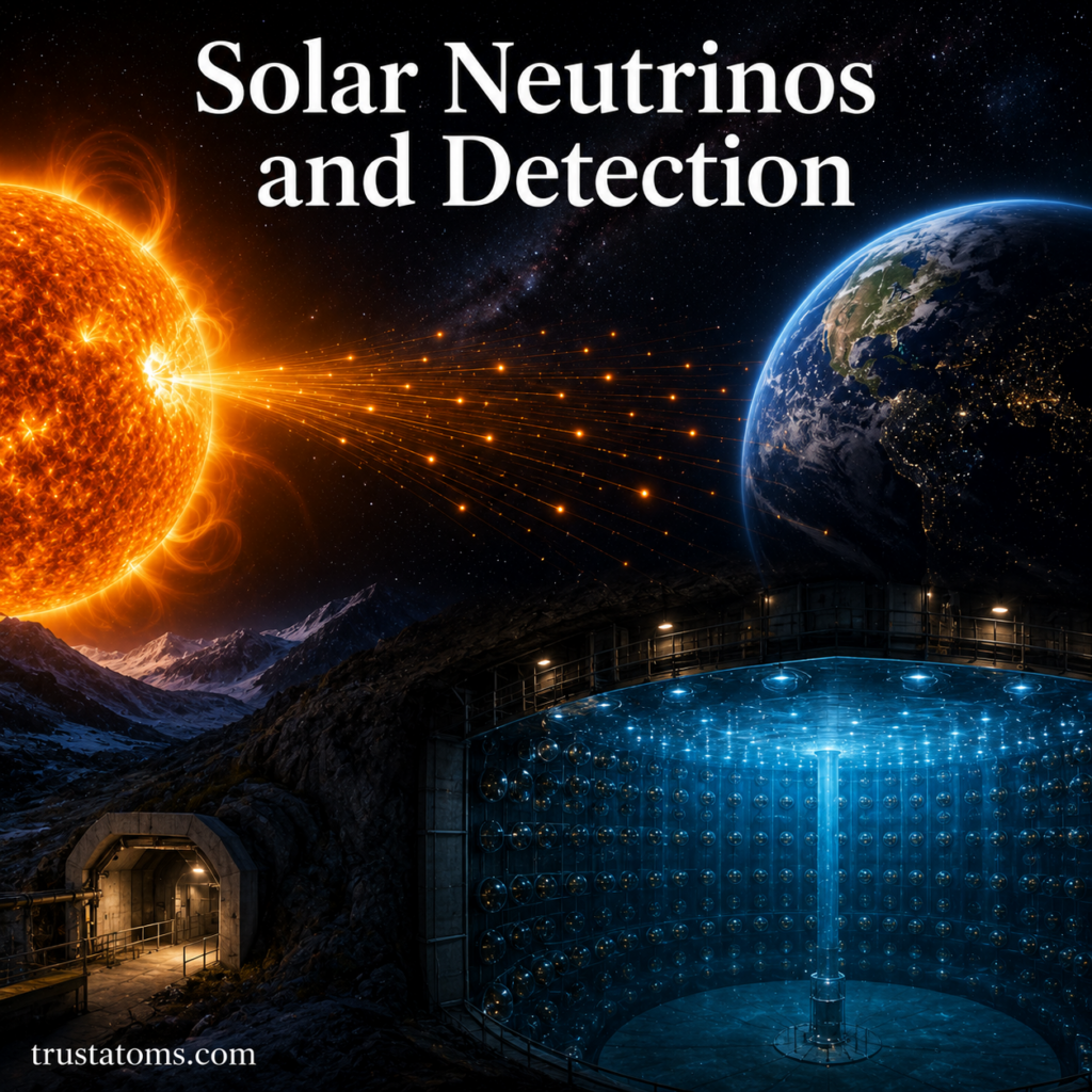 Illustration showing solar neutrinos traveling from the Sun toward Earth and an underground neutrino detection laboratory.