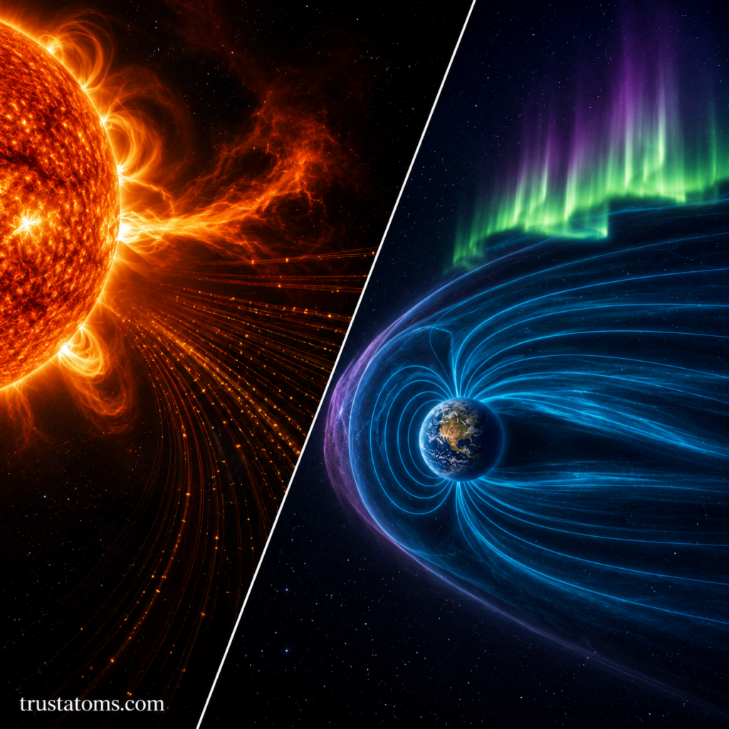 Split-space illustration showing solar plasma erupting from the Sun and interacting with Earth’s magnetosphere and auroras.