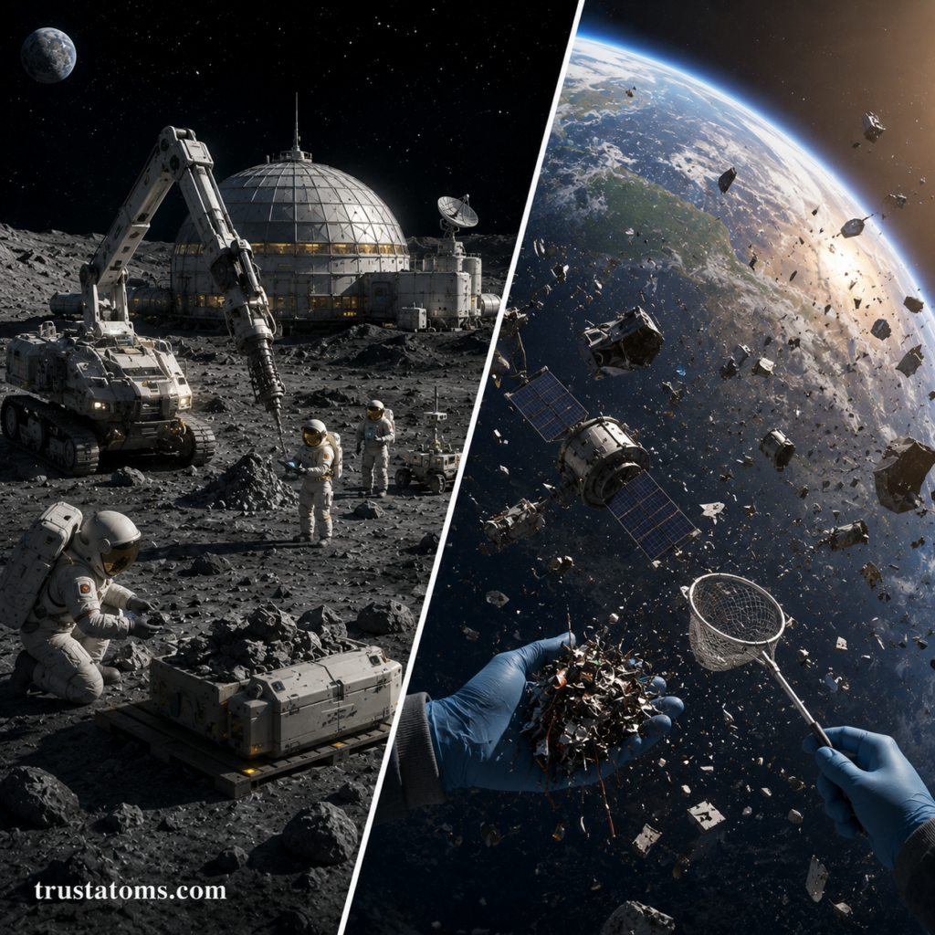 Split illustration showing lunar mining operations on one side and space debris cleanup efforts orbiting Earth on the other.