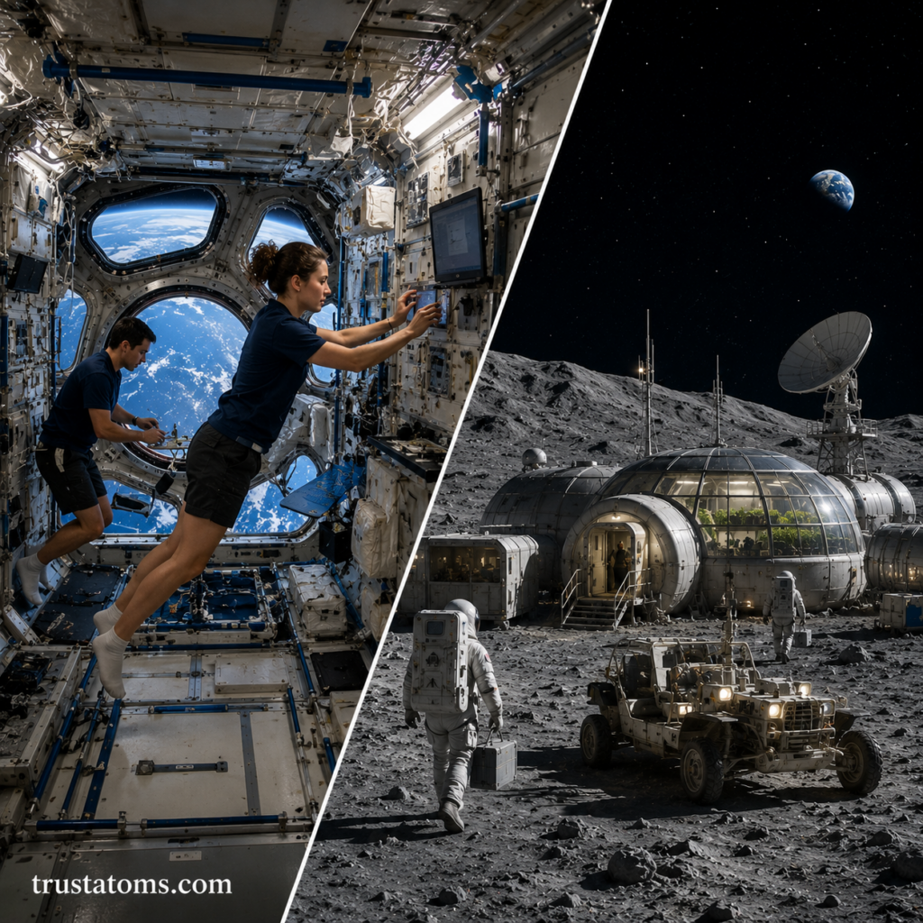Split illustration showing astronauts working inside a space station and exploring a futuristic lunar habitat on the Moon.