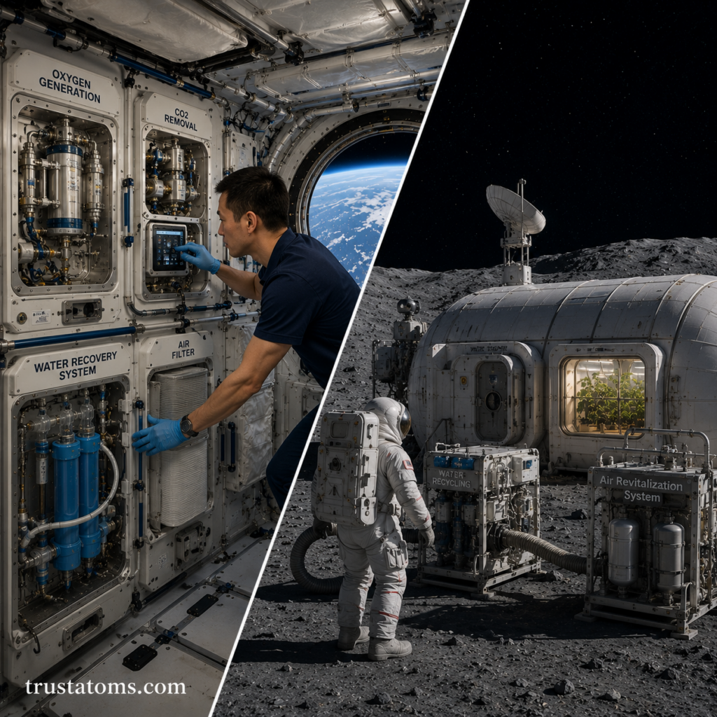 Split illustration of spacecraft life support systems and a lunar habitat using oxygen generation, water recycling, and air revitalization technology.