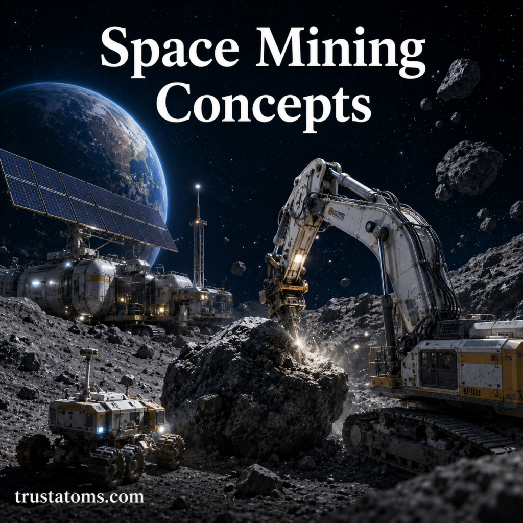 Futuristic robotic mining equipment extracting resources from an asteroid in deep space near Earth.