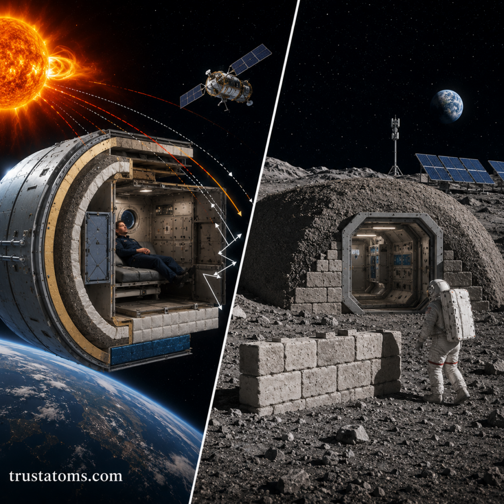Split illustration of spacecraft radiation shielding and protected lunar habitats designed to reduce astronaut exposure to cosmic radiation.