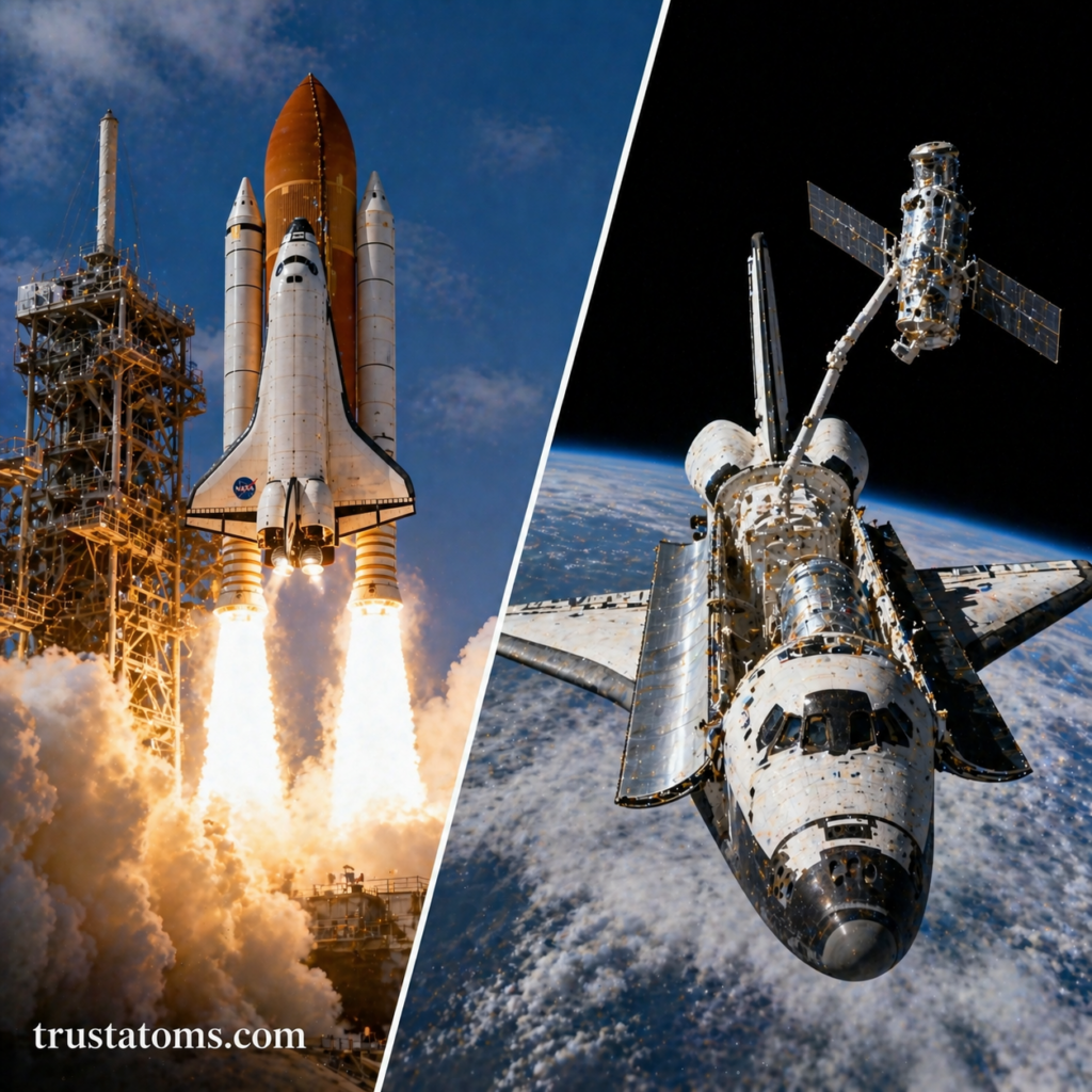 Split illustration showing a Space Shuttle launching on one side and orbiting Earth with a satellite deployment on the other.