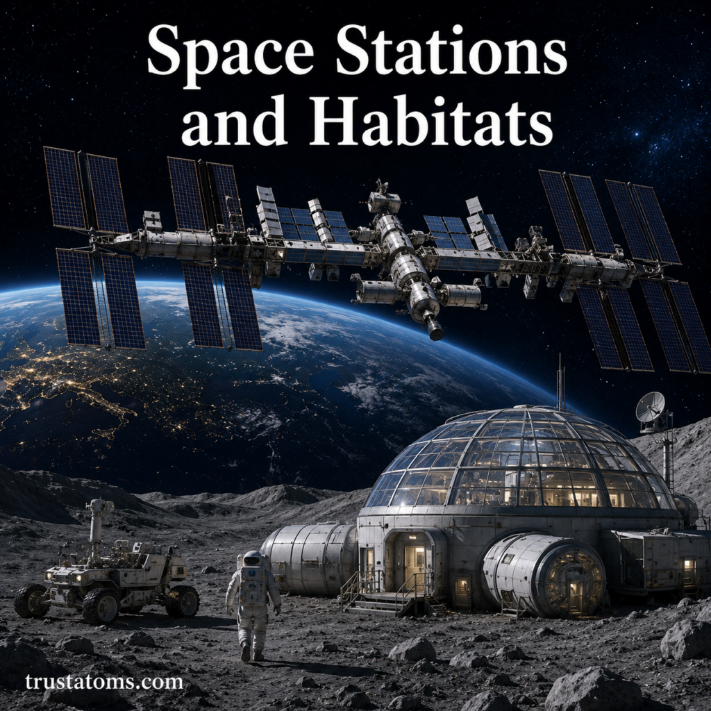 Illustration of a futuristic space station orbiting Earth above a lunar habitat base with astronauts and exploration vehicles.