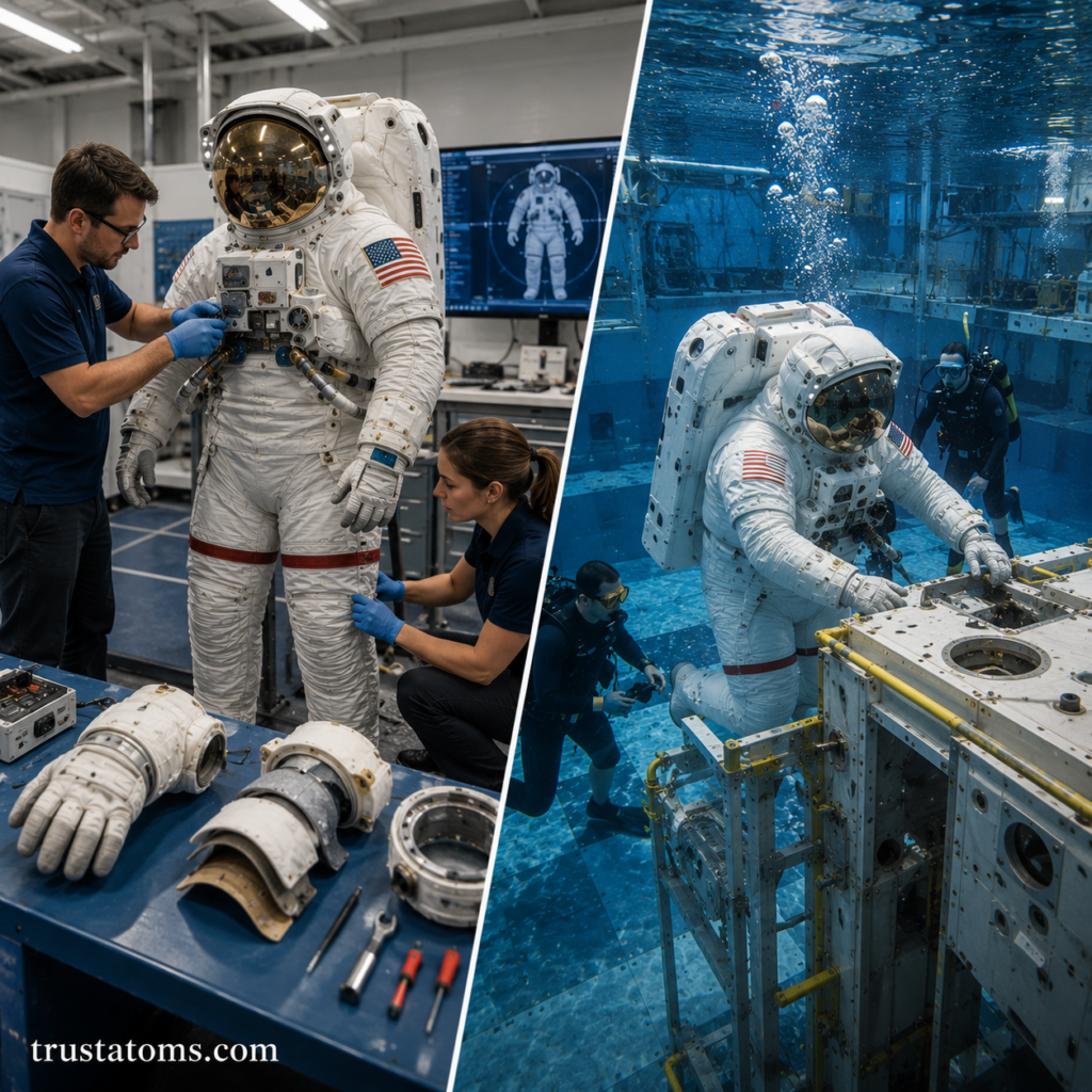 Split illustration showing engineers testing astronaut space suits in a laboratory and astronauts performing underwater EVA training exercises.