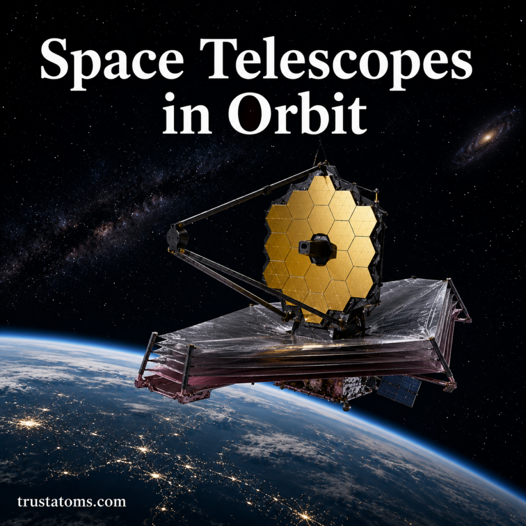 Illustration of a space telescope orbiting above Earth with the title Space Telescopes in Orbit.