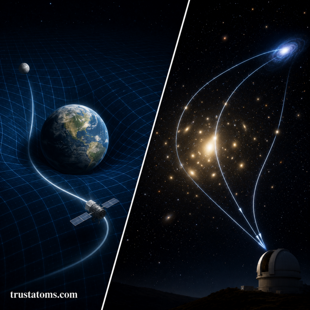 Split illustration showing Earth curving space-time and gravitational lensing bending light from distant galaxies.