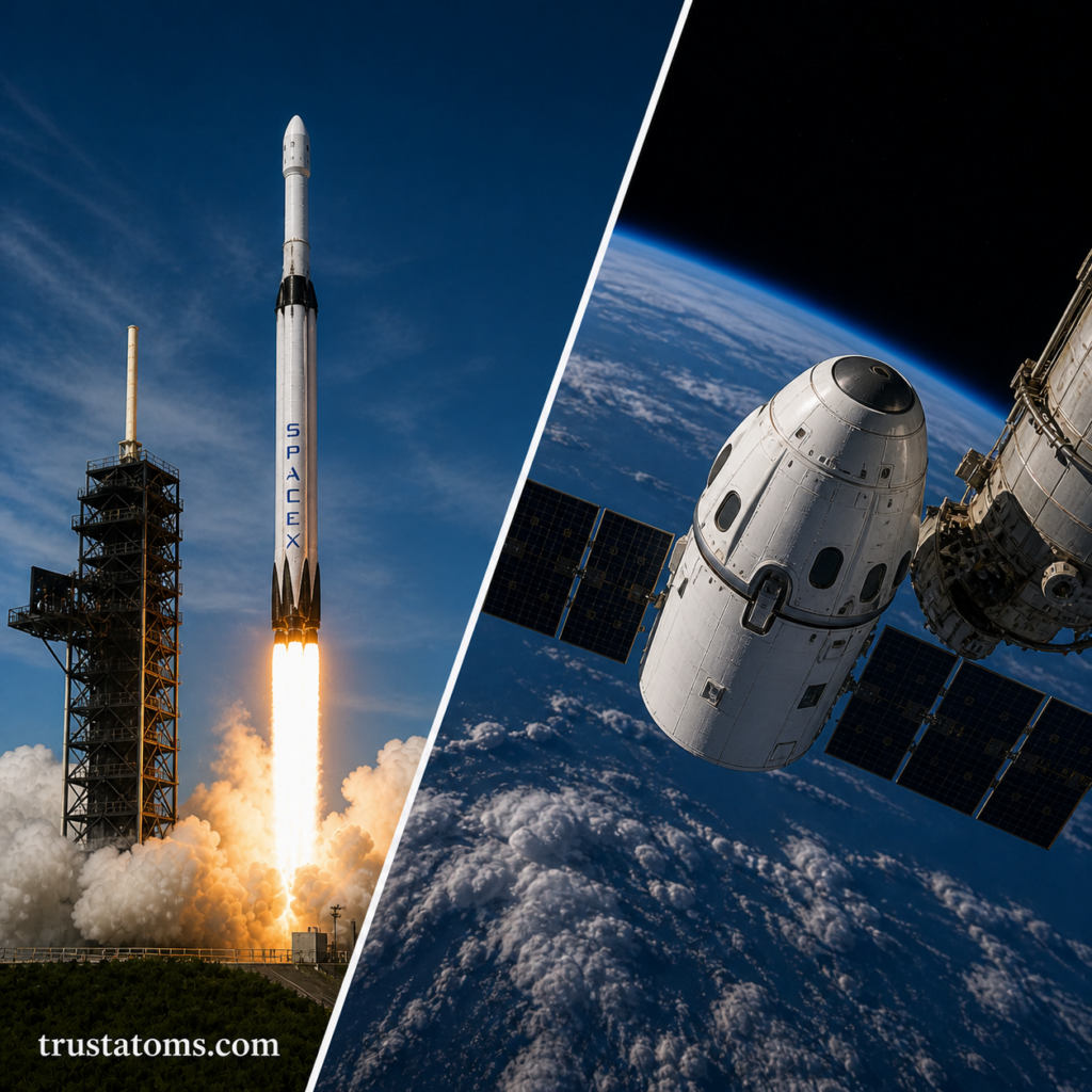 Split illustration showing a SpaceX rocket launching on one side and a spacecraft docking with a space station in orbit on the other.