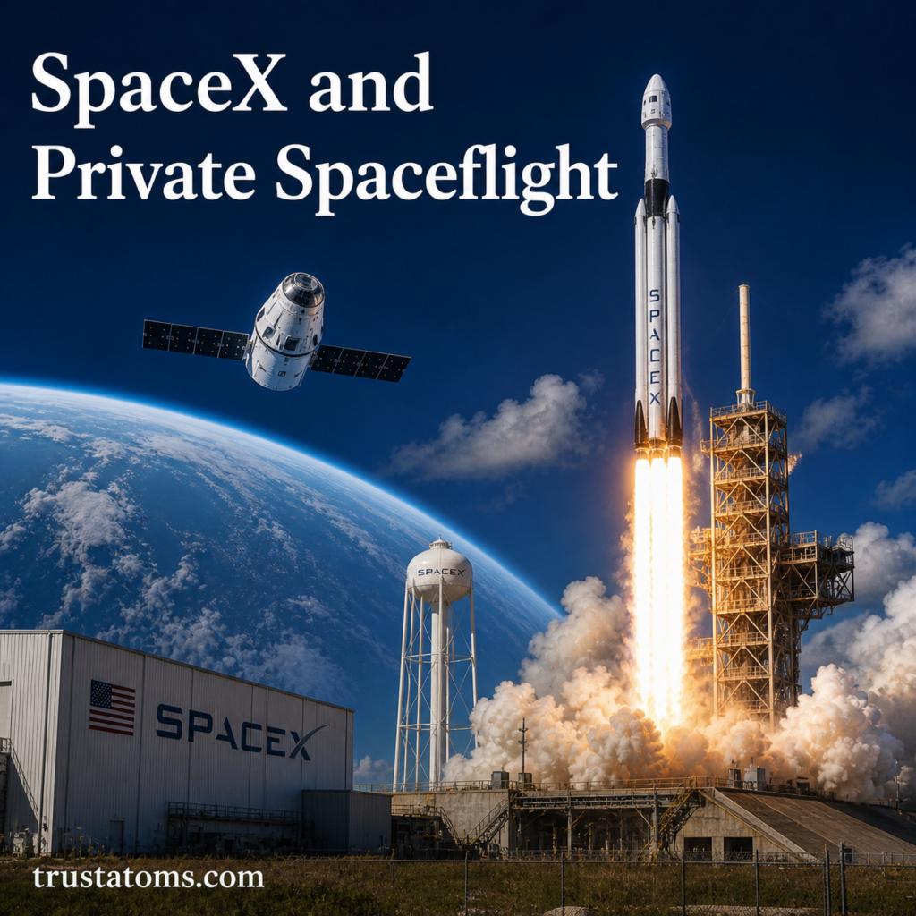 Illustration of a SpaceX rocket launching with a spacecraft in orbit and title SpaceX and Private Spaceflight.
