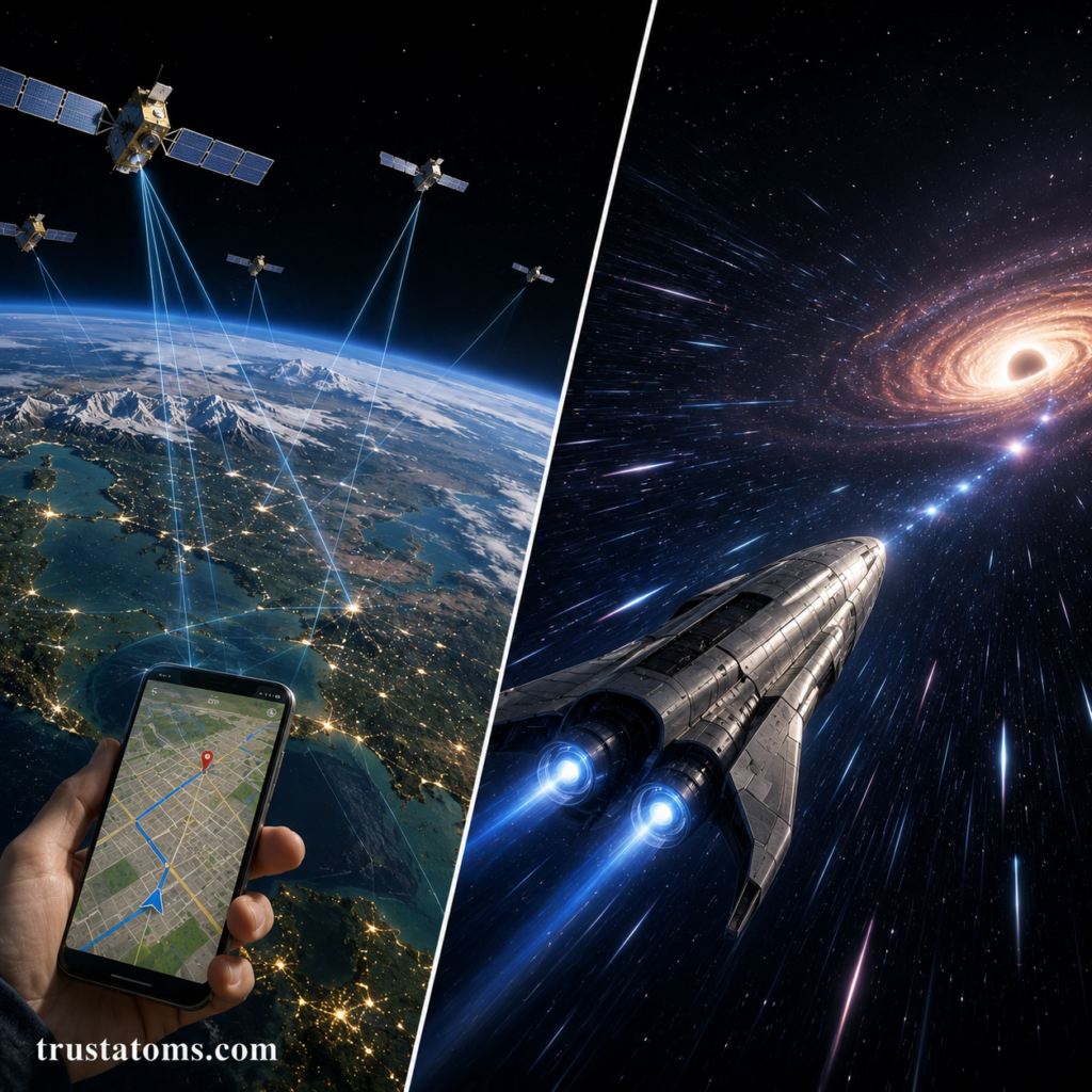 Split illustration showing GPS satellites correcting time signals above Earth and a relativistic spacecraft traveling through deep space toward a black hole.