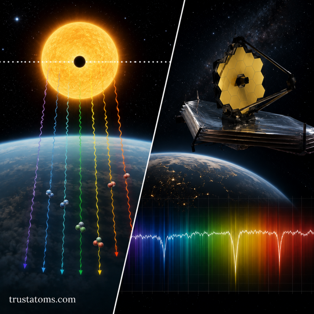 Split-scene illustration showing exoplanet transit spectroscopy, atmospheric light filtering, and space telescope spectral analysis.