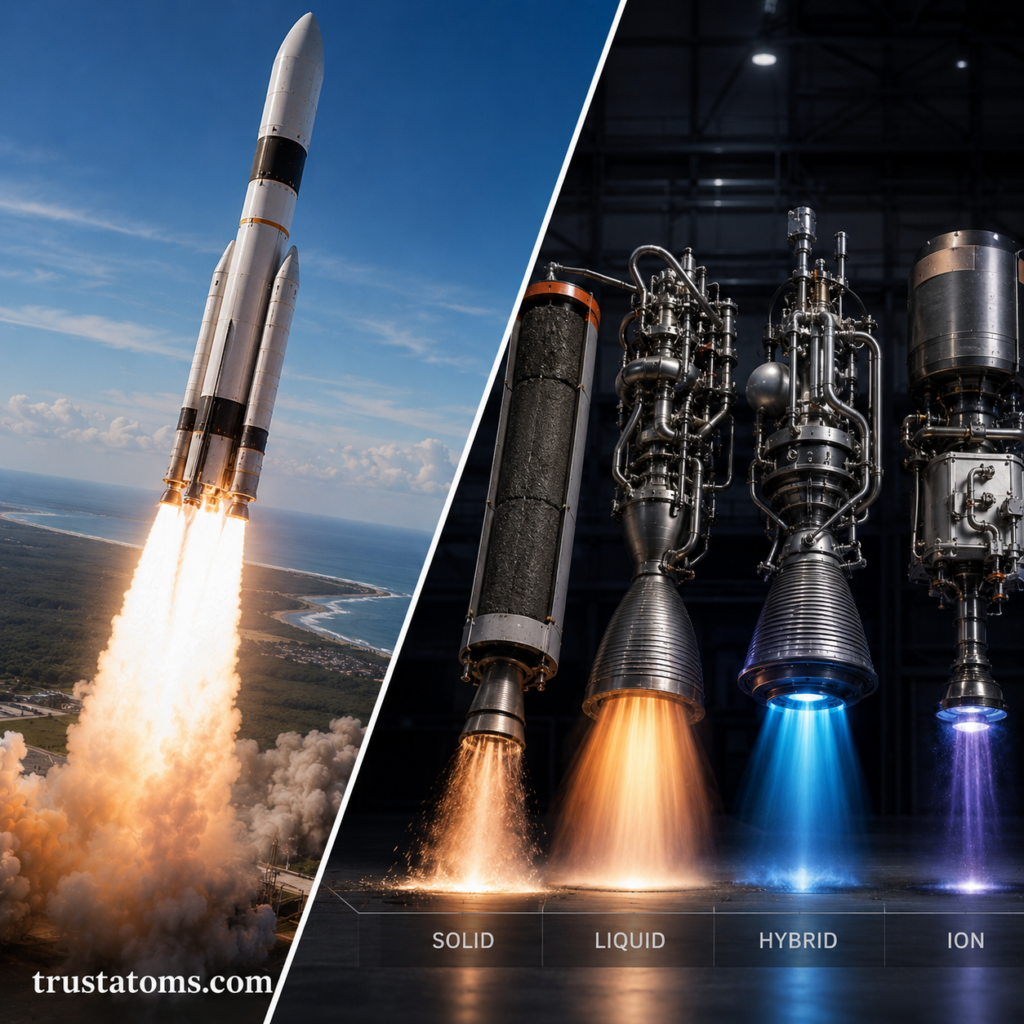 Split-view illustration showing a rocket launch beside examples of solid, liquid, hybrid, and ion rocket propulsion systems.
