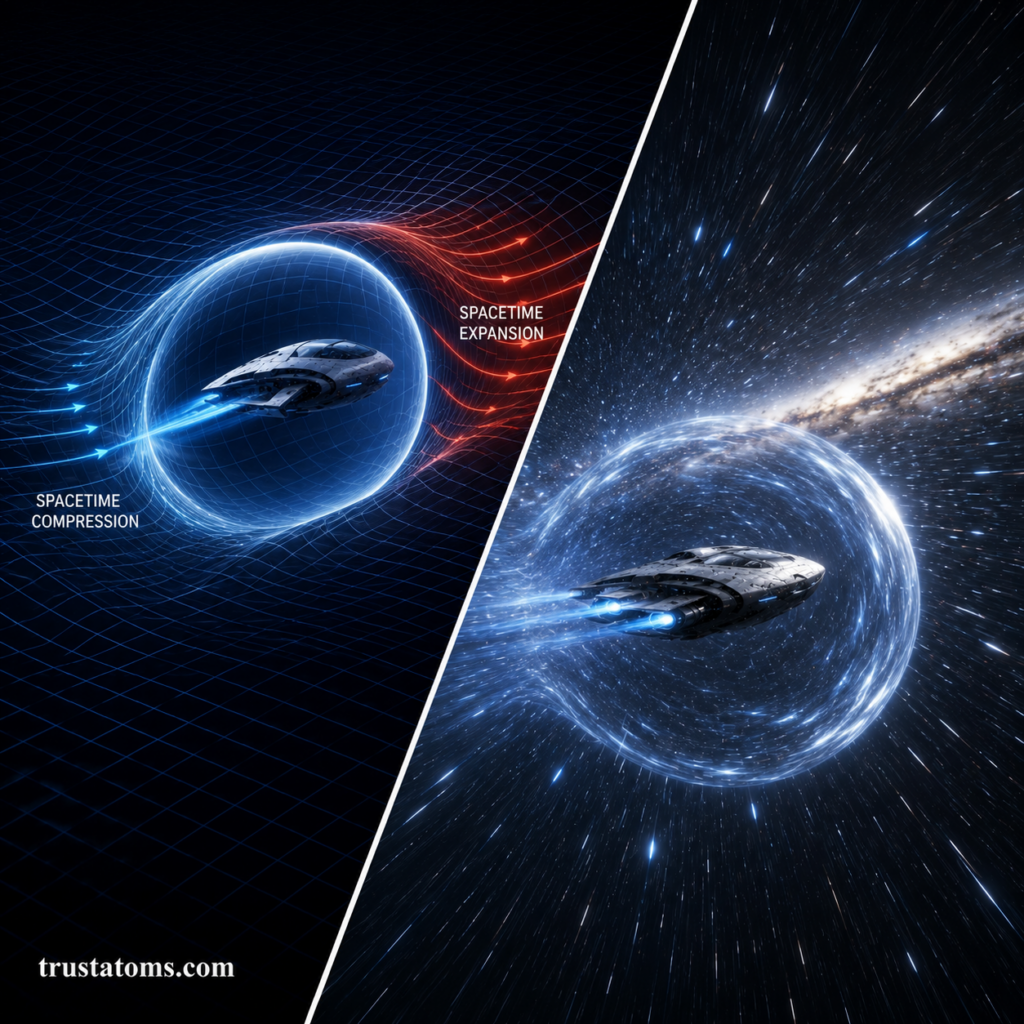 Split illustration showing a warp bubble compressing and expanding spacetime around a futuristic spacecraft.