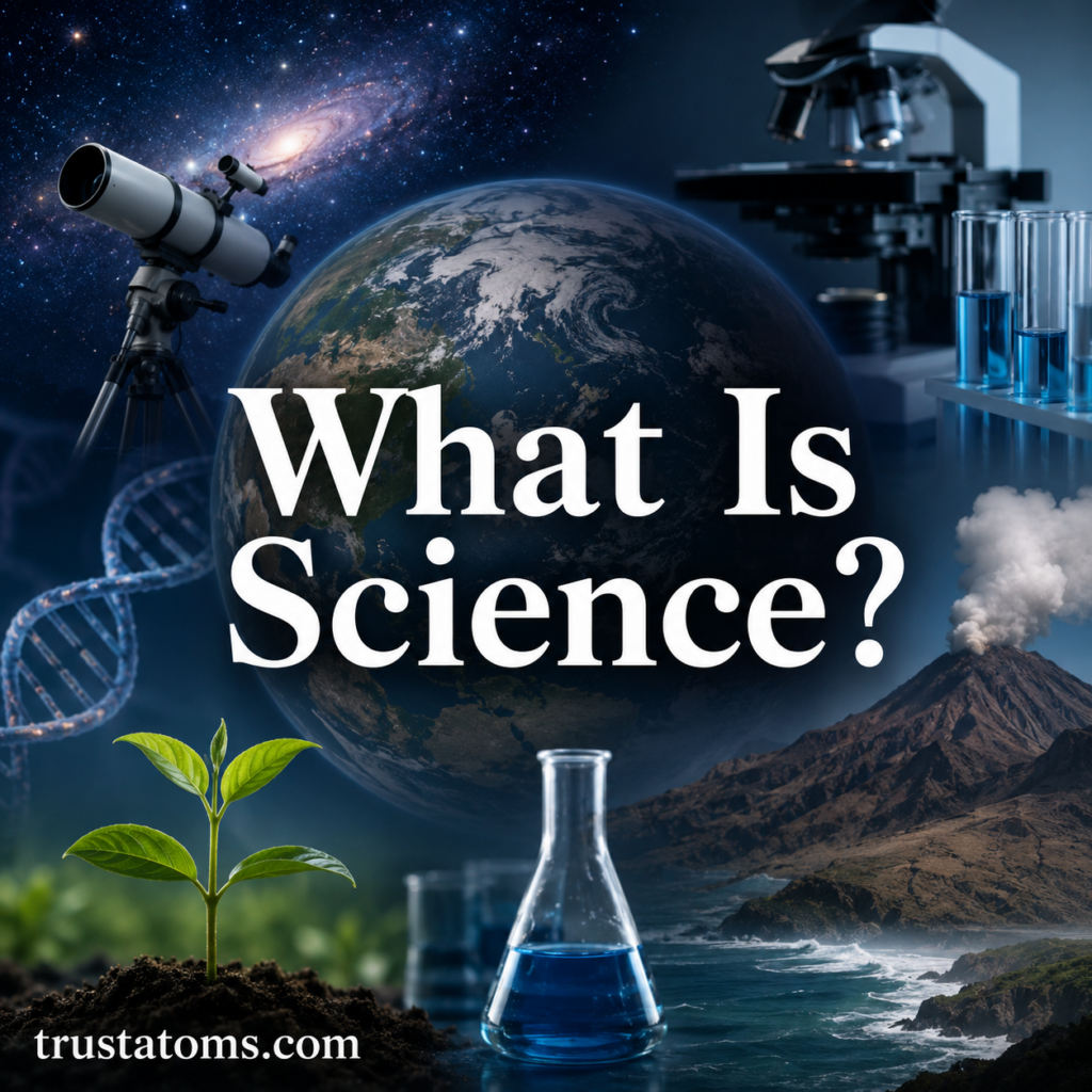 What Is Science illustration showing major scientific disciplines including astronomy, biology, chemistry, Earth science, and physics.