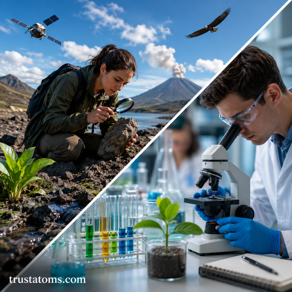 Split illustration showing scientific research in action through field observation and laboratory experimentation across multiple scientific disciplines.